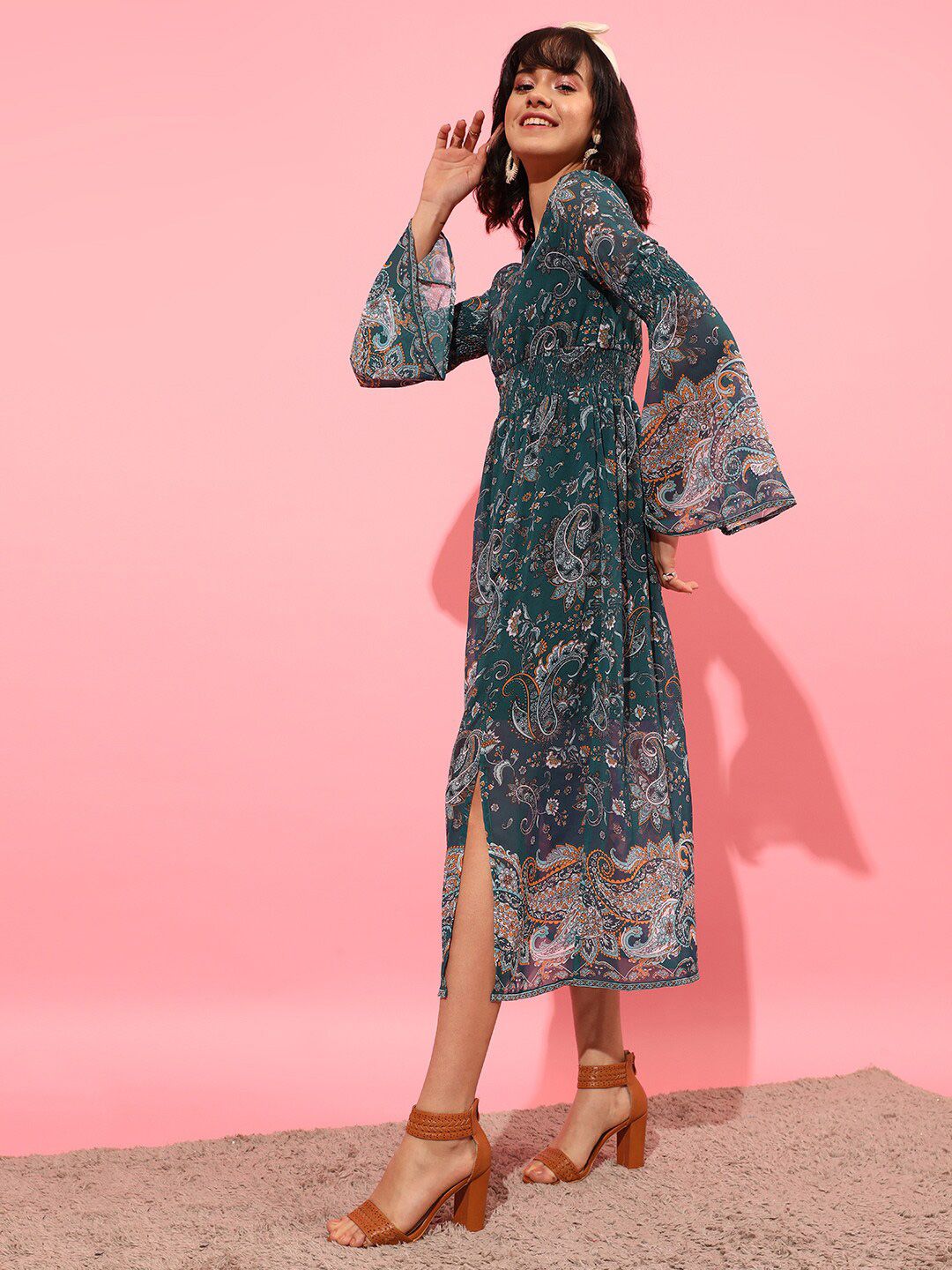 STREET 9 Bell Sleeves Printed Chiffon Midi A-Line Dress