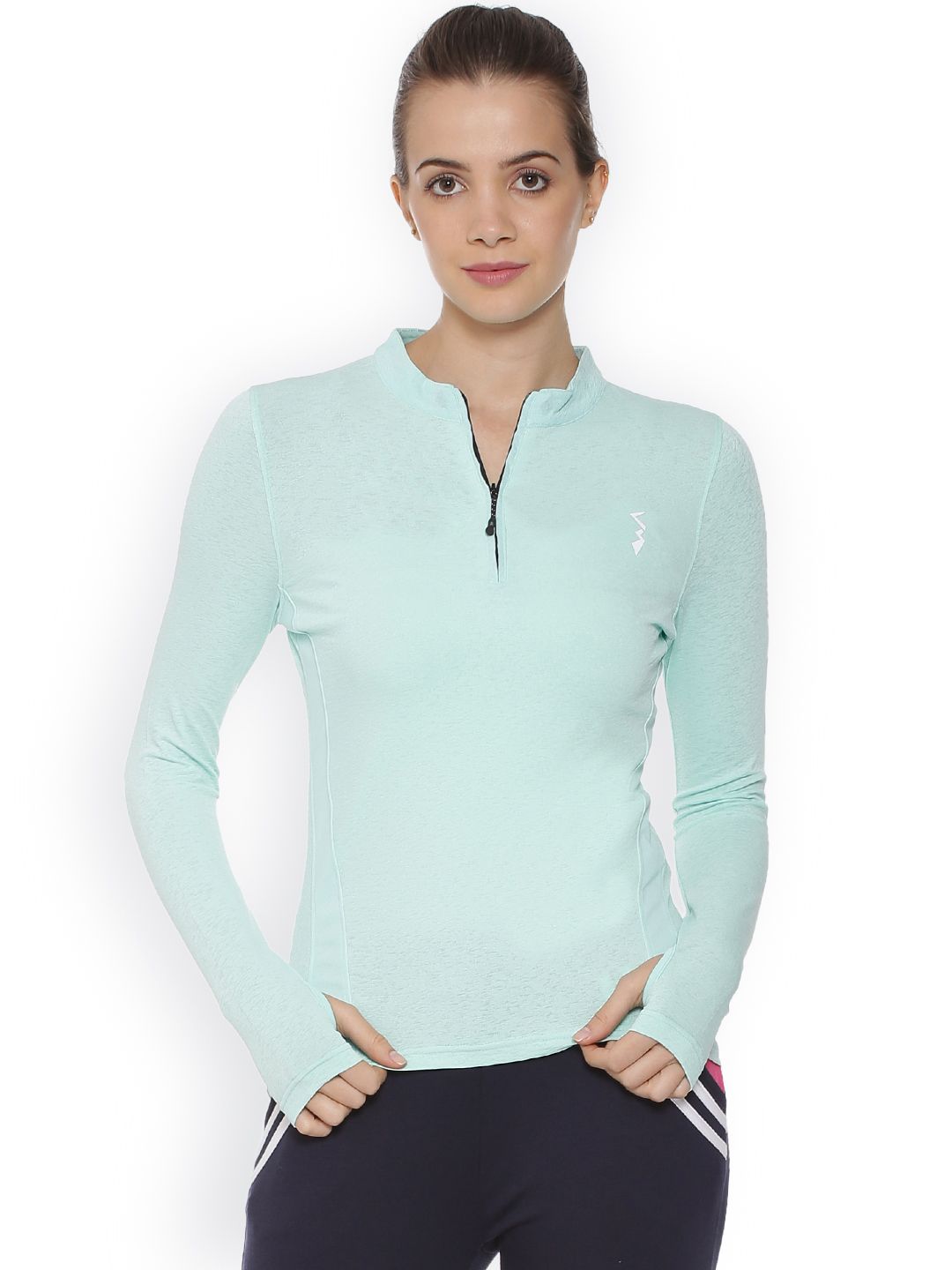 Campus Sutra Women Turquoise Blue Solid Henley Neck T-shirt