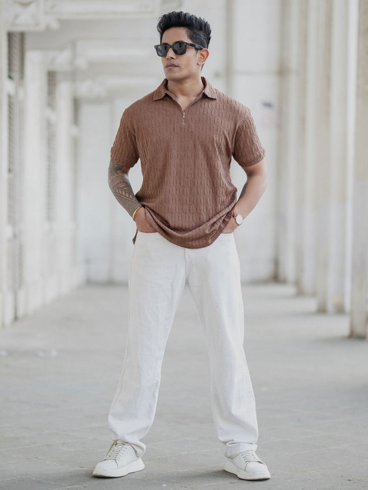 Powerlook Men Self Design Polo Collar Cotton T-shirt