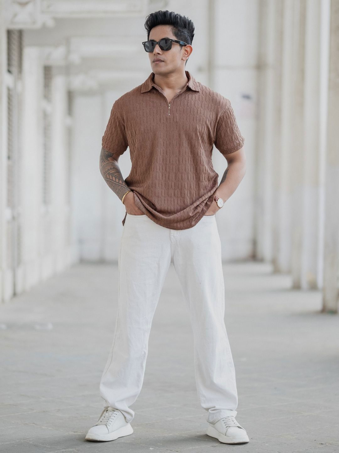 Powerlook Men Self Design Polo Collar Cotton T-shirt