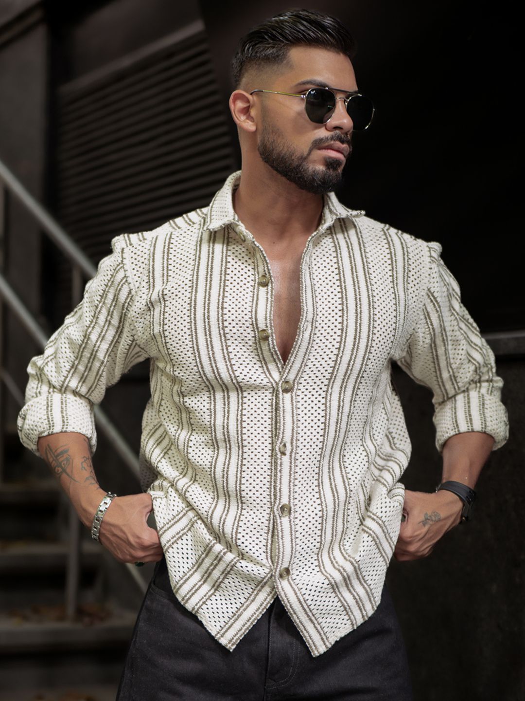 Powerlook Men Spread Collar Vertical Striped Casual Shirt