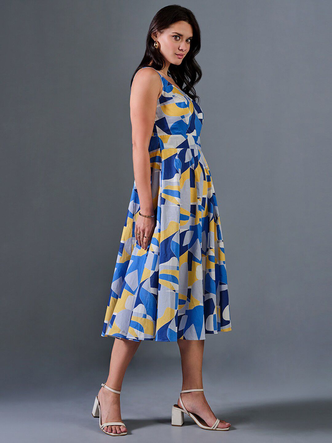 AND Print Shoulder Straps Fit & Flare Midi Dress