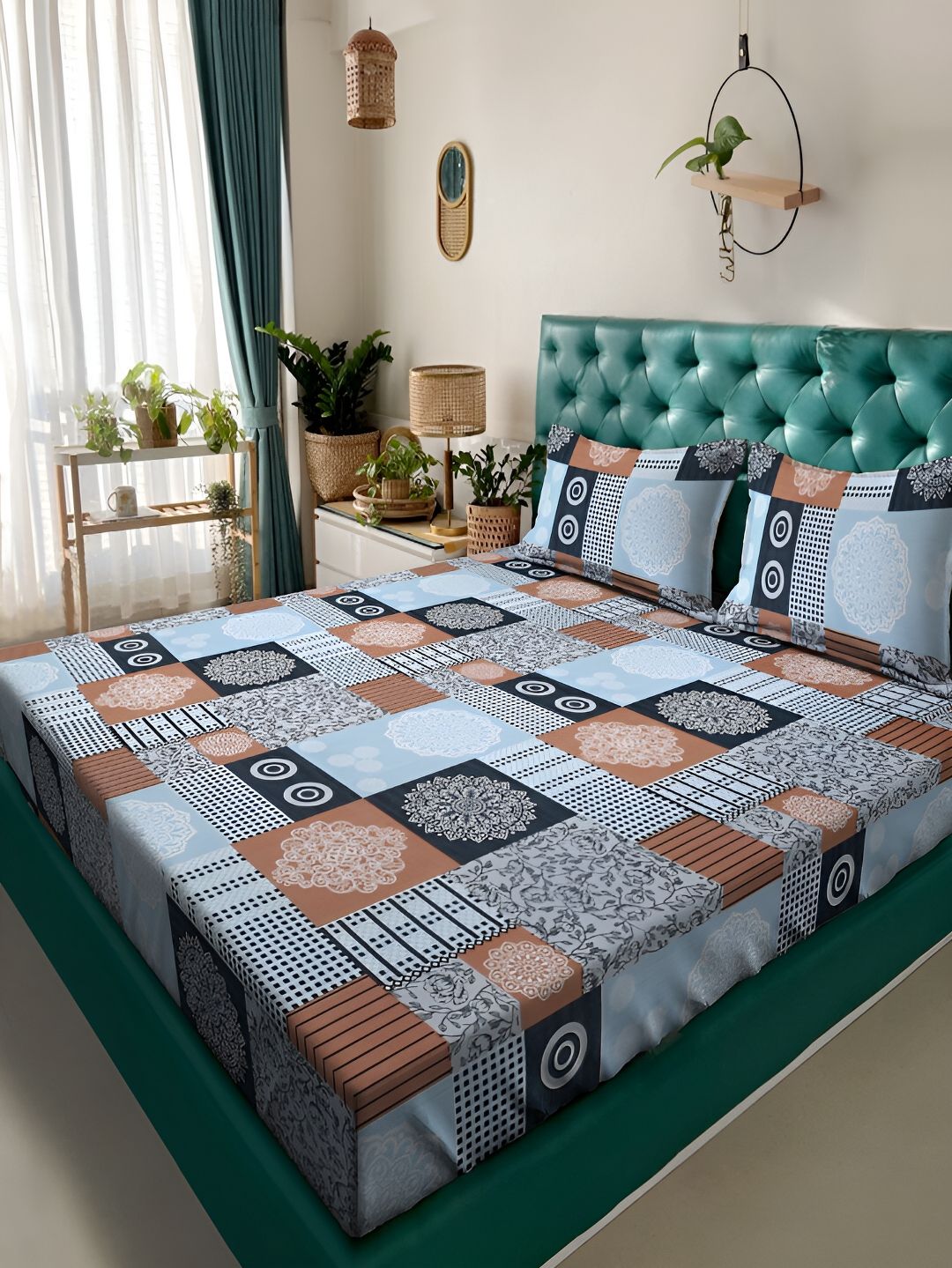 KLOTTHE Blue Ethnic Motifs Cotton 300 TC King Fine Bedsheet with 2 Pillow Covers-98 x 89 inches
