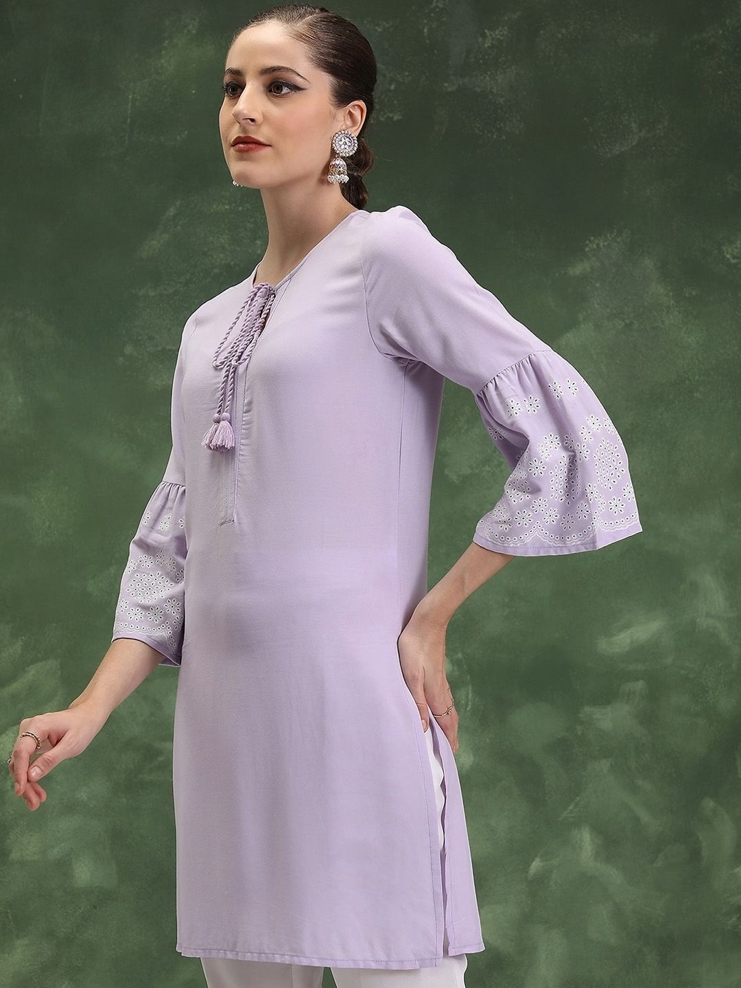 Vishudh Printed Tie-Up Neck Bell Sleeves Short Kurta