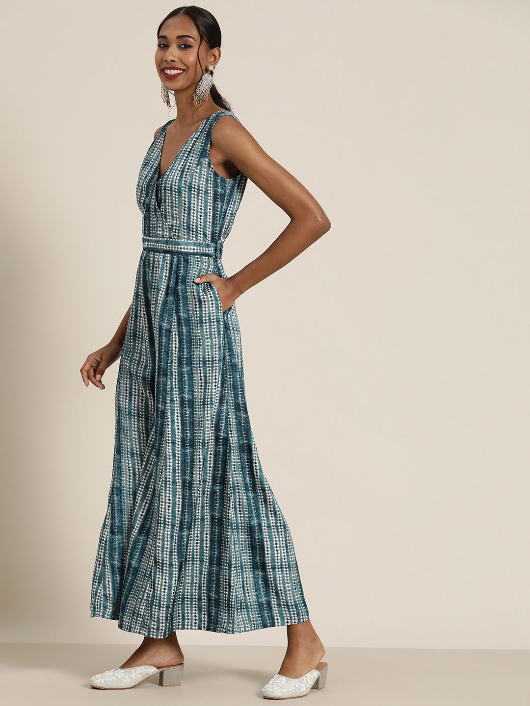 Shae by SASSAFRAS Teal & White Printed Basic Jumpsuit