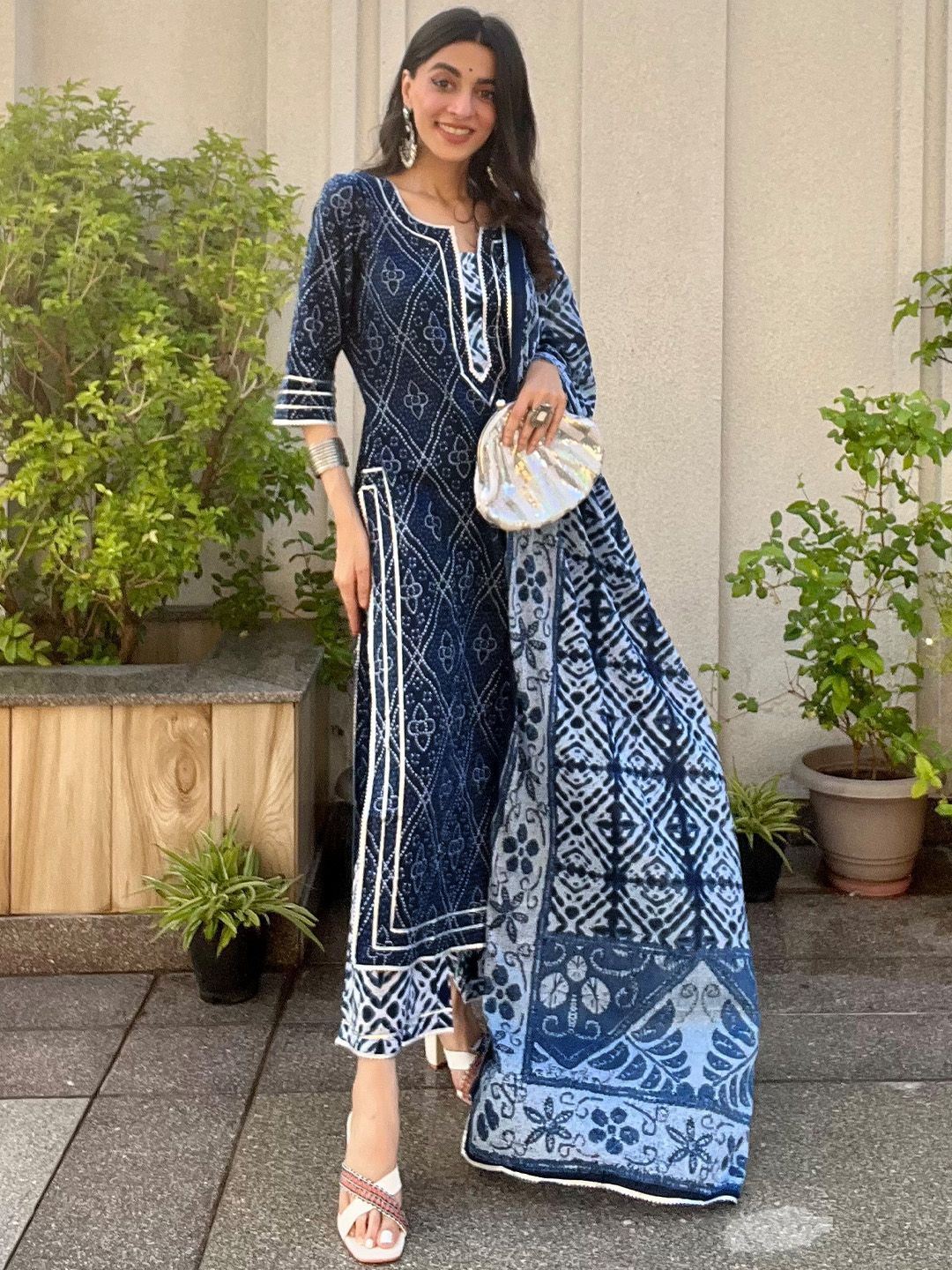 Libas Women Blue Bandhani Printed Pure Cotton Kurta with Palazzos & Dupatta