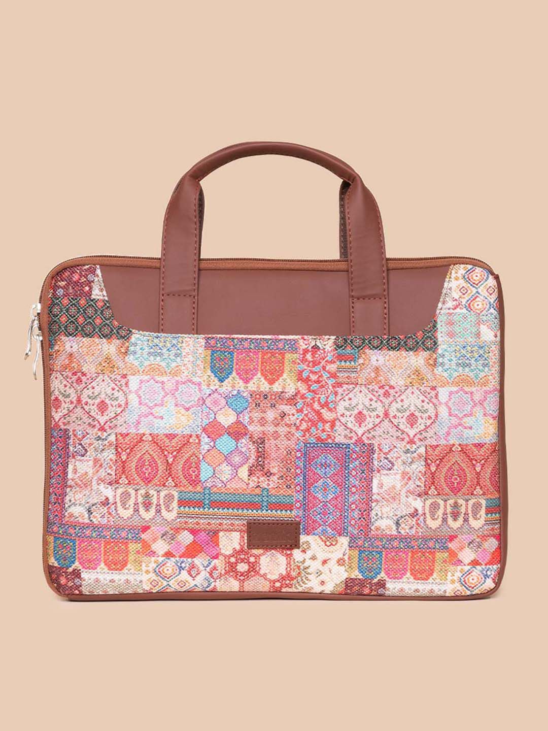 ZOUK Women Brown & Pink Printed Jute Laptop Sleeve