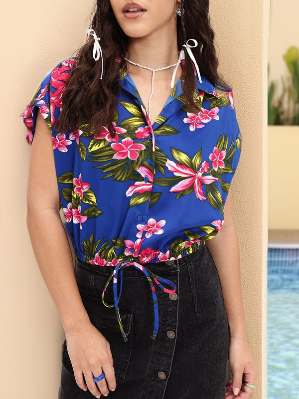 DressBerry Bouquet of Style Floral Printed Boxy Shirt Style Crop Top