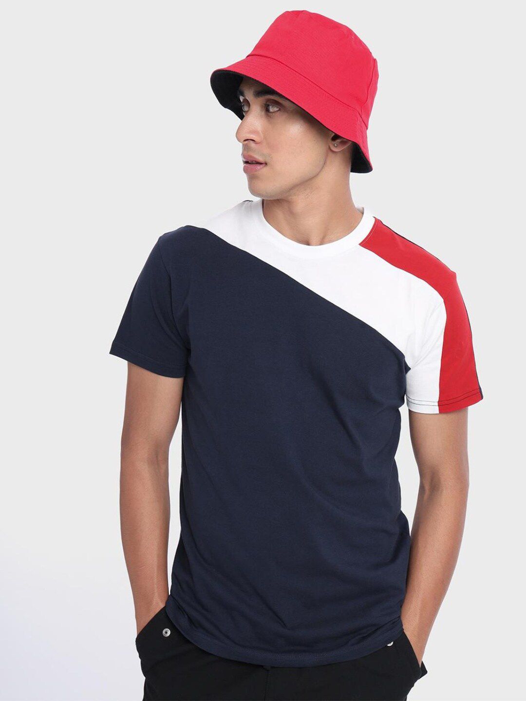 Bewakoof Men Navy Blue & White Colourblocked Pure Cotton T-shirt