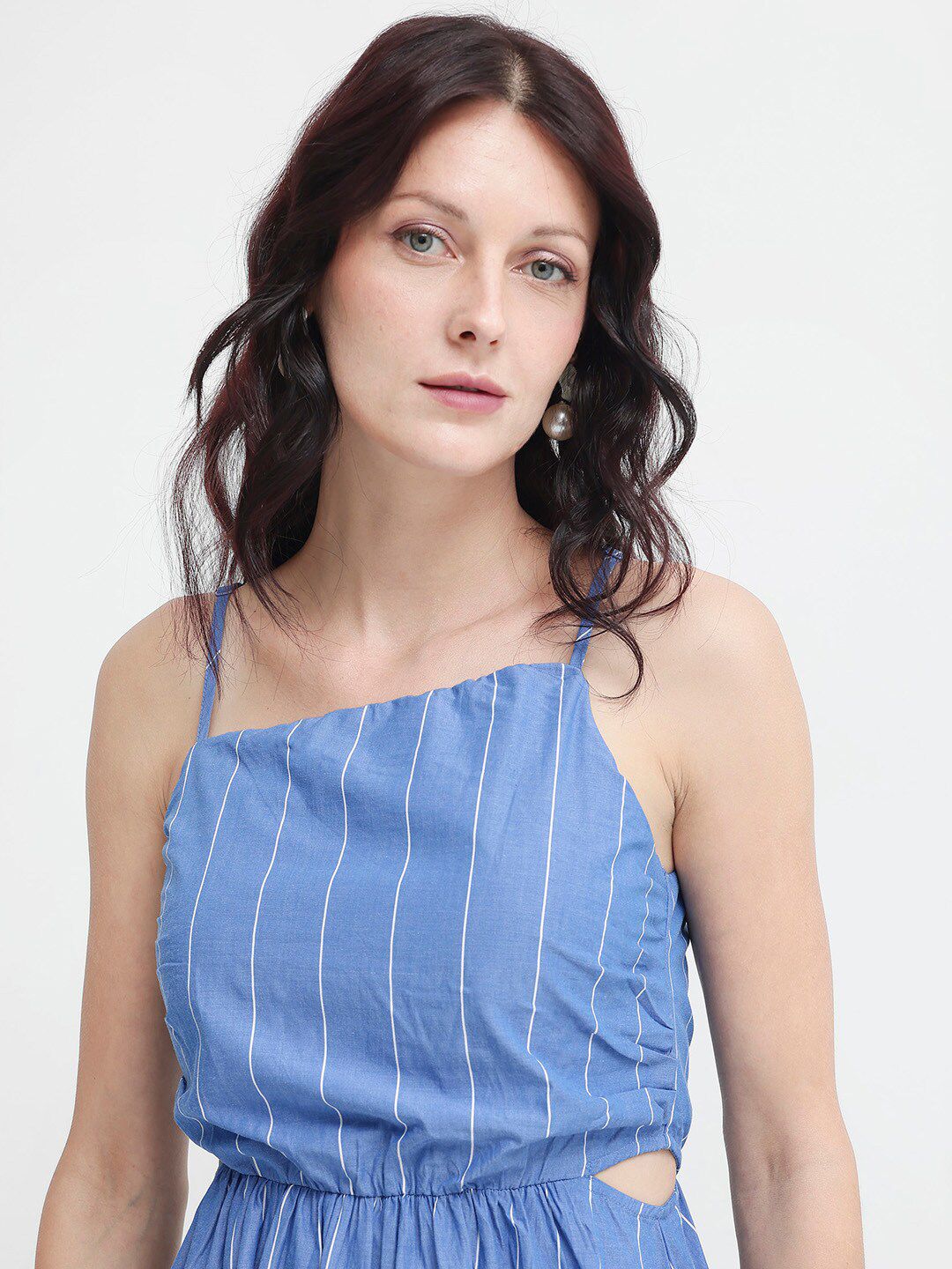 RAREISM Women Cotton Blue Striped Fit & Flare Shoulder Straps Midi Dress