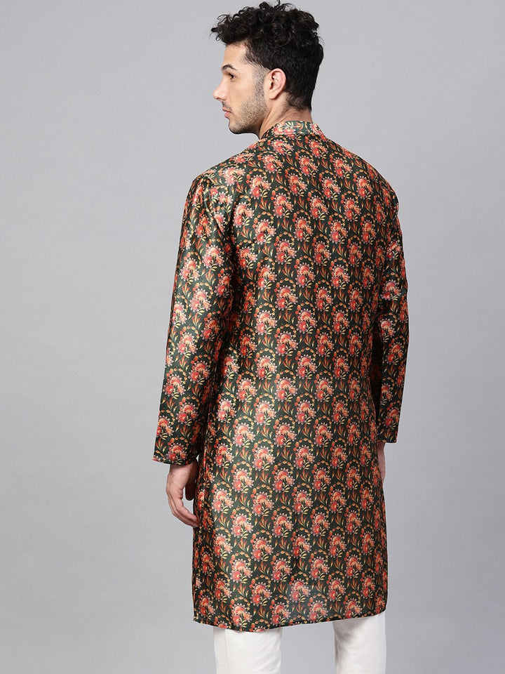SOJANYA Men Green & Pink Printed Straight Kurta
