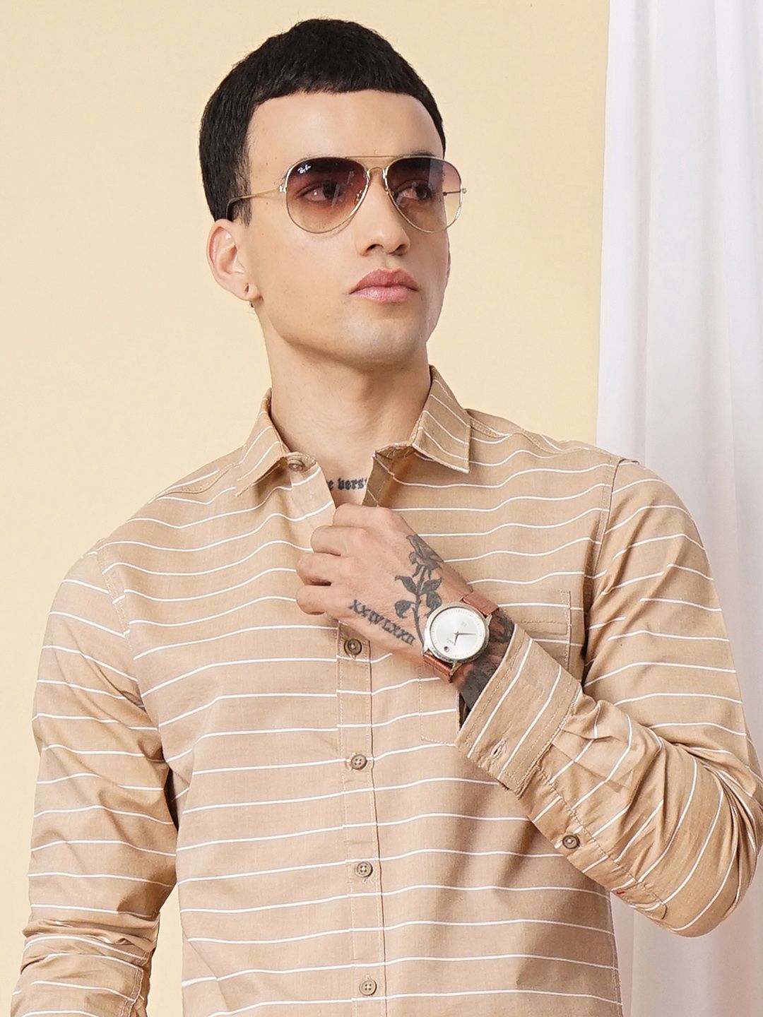 The Indian Garage Co Men Khaki Slim Fit Striped Pure Cotton Casual Shirt