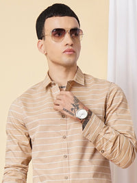 The Indian Garage Co Men Khaki Slim Fit Striped Pure Cotton Casual Shirt