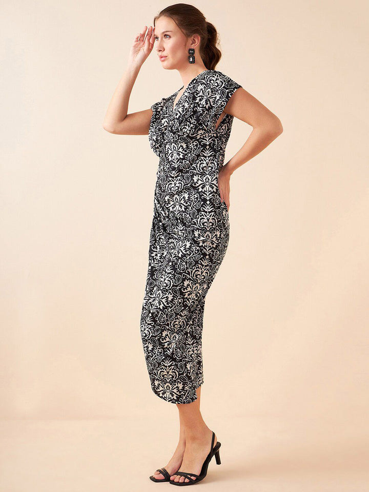 Antheaa Black Ethnic Motifs Printed V-Neck Sheath Midi Dress
