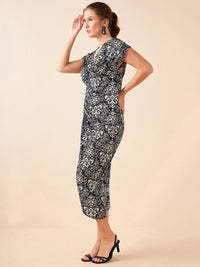 Antheaa Black Ethnic Motifs Printed V-Neck Sheath Midi Dress