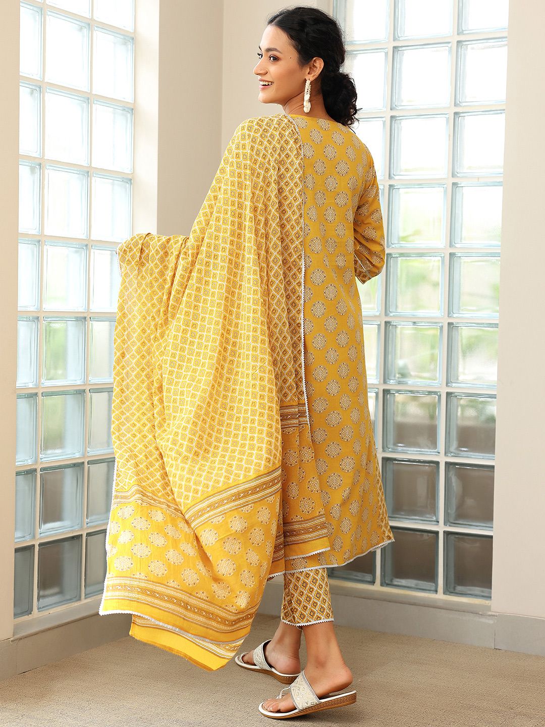 Libas Ethnic Motifs Printed A-Line Pure Cotton Kurta with Trousers & Dupatta