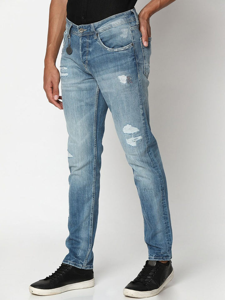 SPYKAR Men Slim Fit Low-Rise Mildly Distressed Heavy Fade Stretchable Jeans