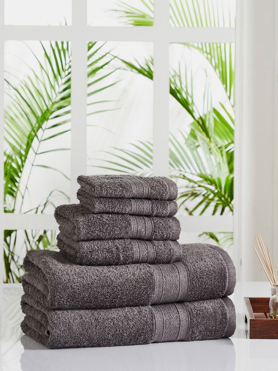 MYTRIDENT Unisex Set Of 6 Charcoal Grey Solid 500 GSM Towel Set