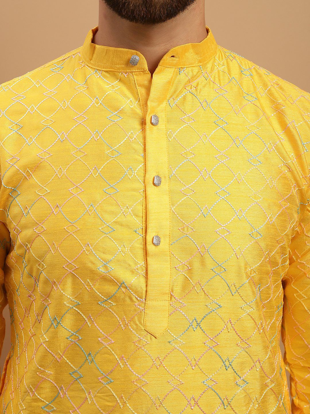 SOJANYA Geometric Embroidered Regular Kurta with Churidar & Woven Design Nehru Jacket