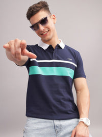 ADRO Striped Polo Collar Short Sleeves Pure Cotton Regular T-shirt