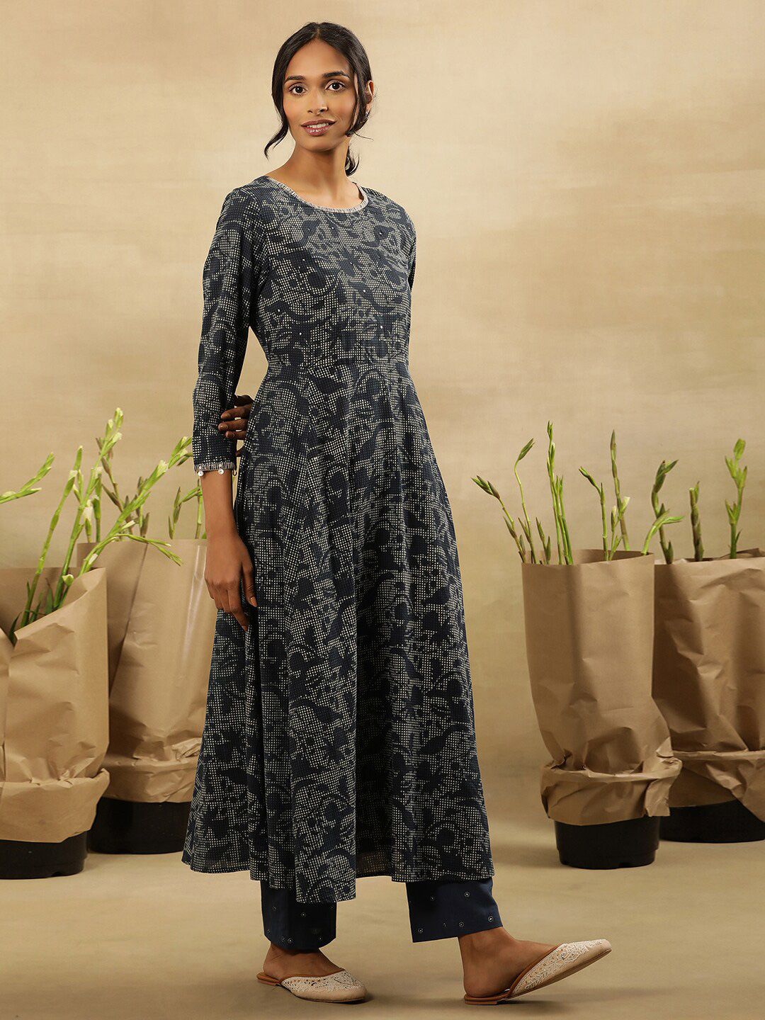 W Floral Printed A-Line Midi Cotton Dress