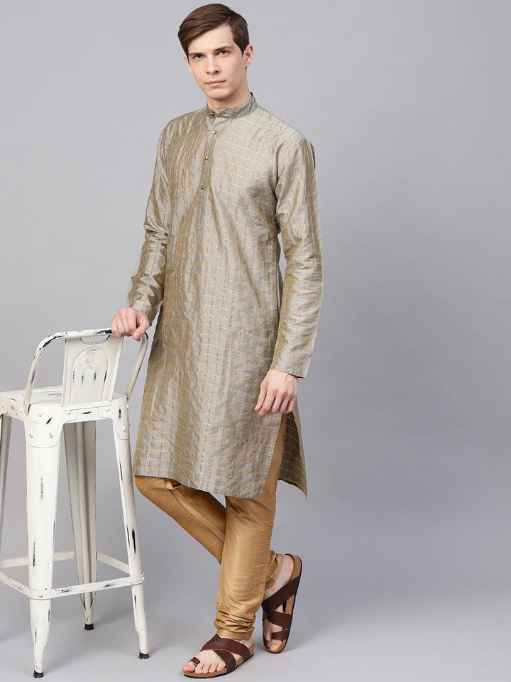 SOJANYA Men Grey Checked Straight Kurta