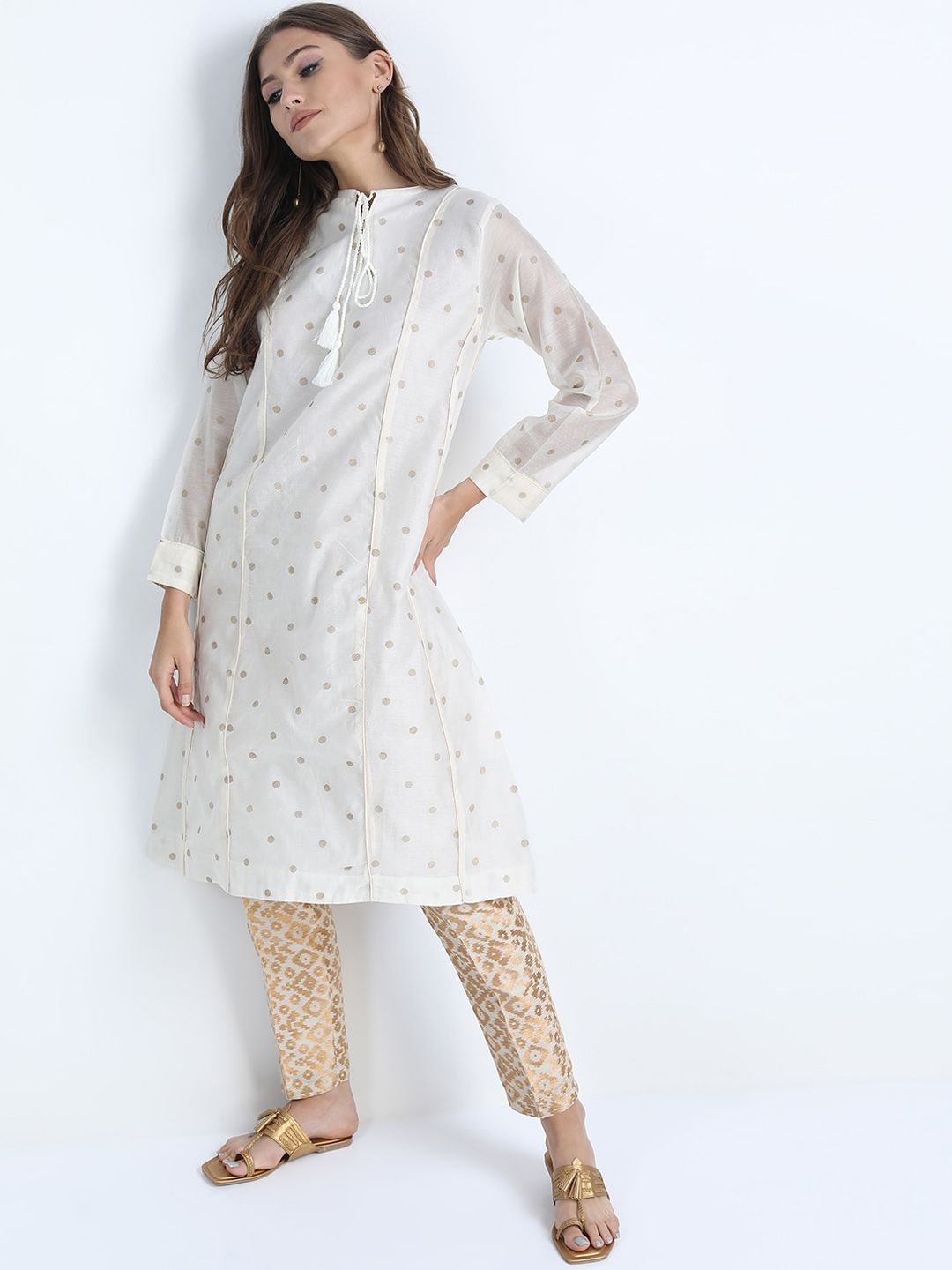 Vishudh Women Cream-Coloured Printed A-Line Kurta