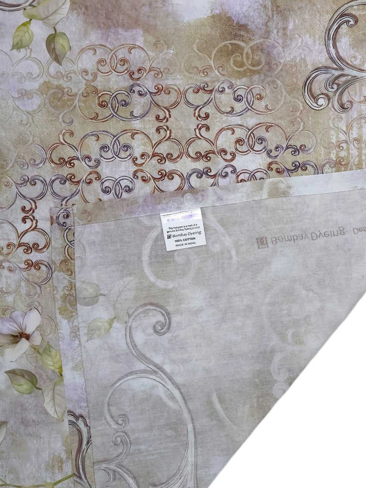 BOMBAY DYEING Fantasque Beige Floral Printed Cotton180 TC King Bedsheet Set 2.74 x 2.74 m