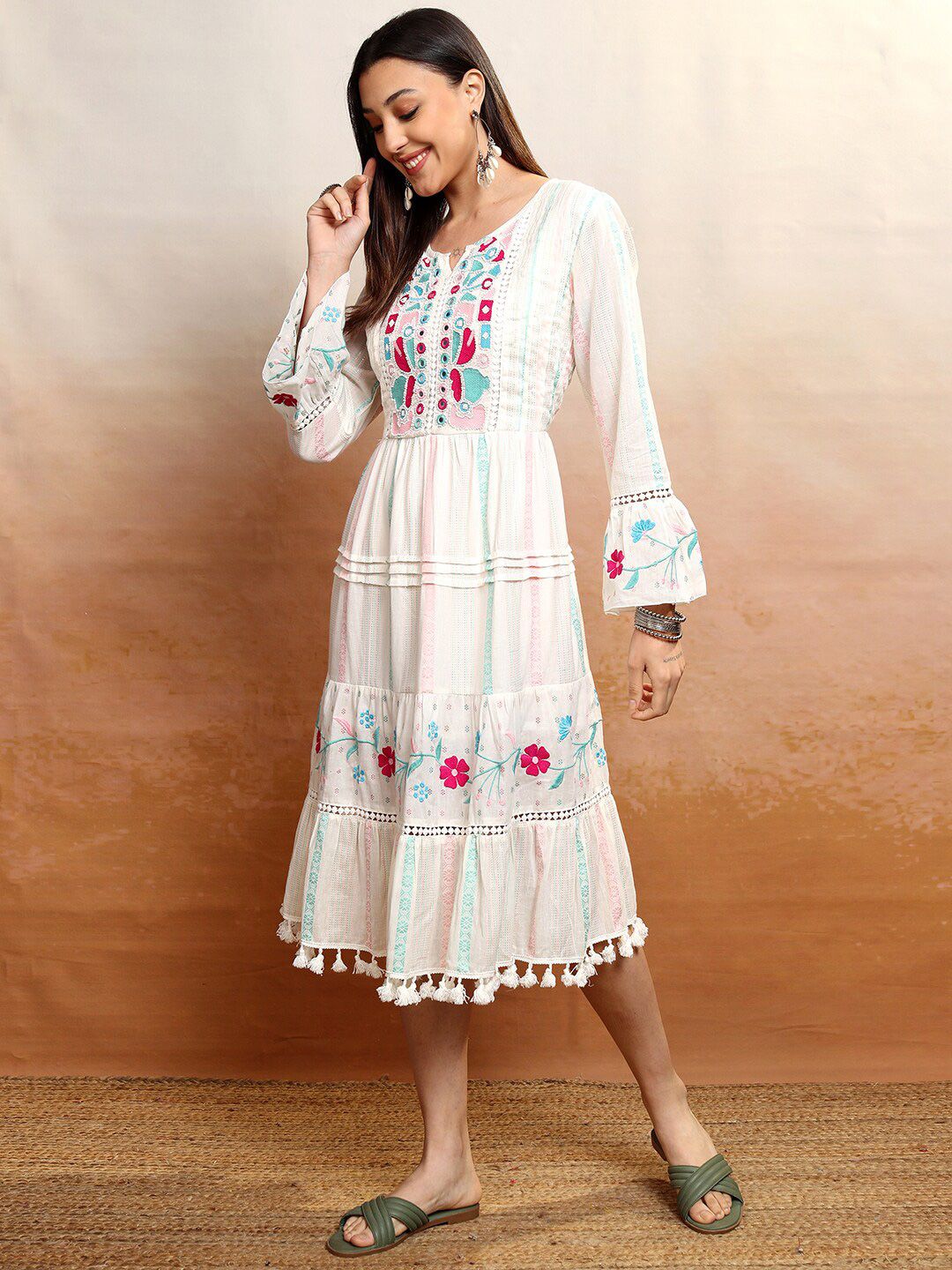 Vishudh White & Pink Floral Embroidered Cotton Fit & Flare Midi Dress