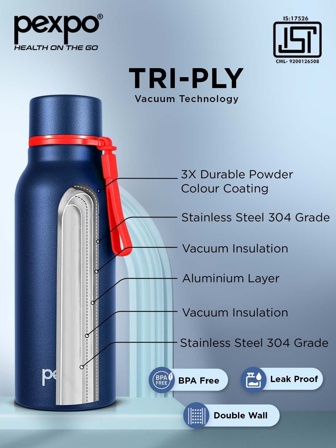 Pexpo Bosco Blue Double wall Thermosteel Hot & Cold Insulated Water Bottle 600ml