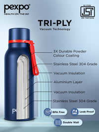 Pexpo Bosco Blue Double wall Thermosteel Hot & Cold Insulated Water Bottle 600ml