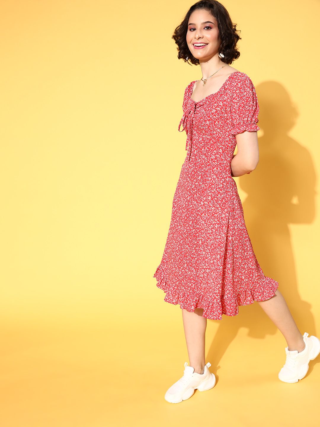 Berrylush Red Floral Crepe A-Line Midi Dress