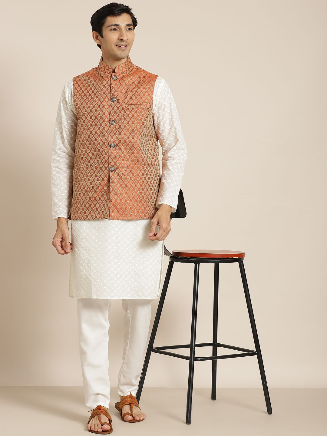 SOJANYA Men Cream-Coloured Chikankari Pure Cotton Kurta with Churidar & Nehru Jacket