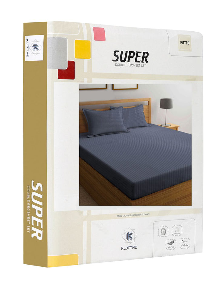 KLOTTHE Book Fold Grey Striped Cotton 300 TC Fitted King Bedsheet with 2 Pillow Covers-98 x 89 inches