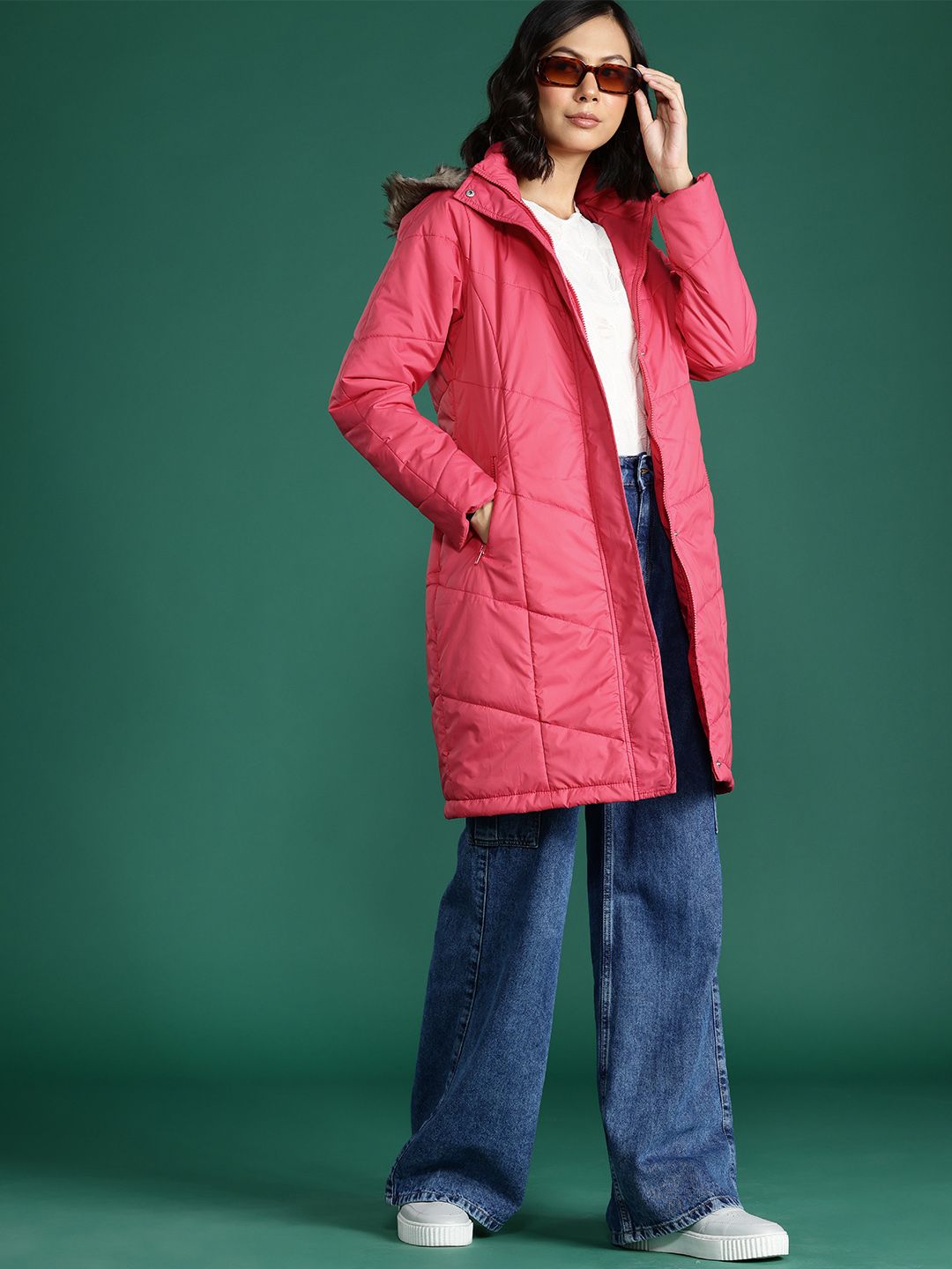 DressBerry Solid Faux Fur Trim Longline Parka Jacket