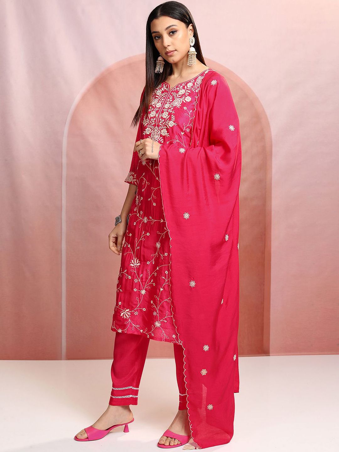 Vishudh Pink Floral Embroidered Thread Work Straight Kurta With Trousers & Dupatta