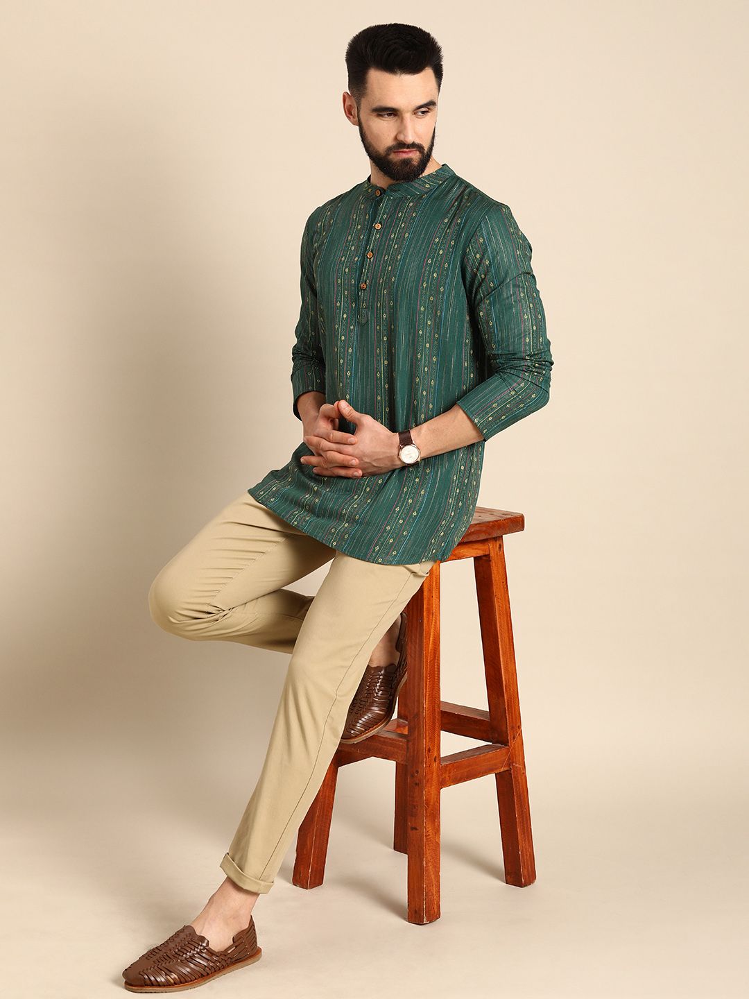 Anouk Men Green & Gold-Toned Striped Thread Work Straight Short Kurta