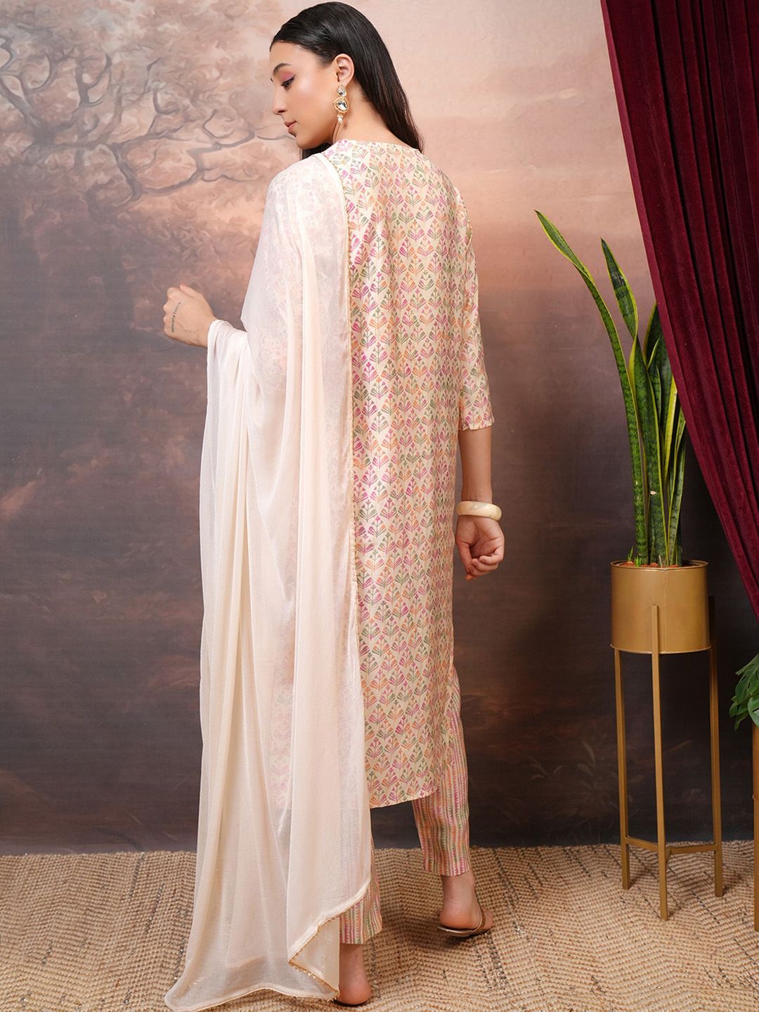 Vishudh Cream Coloured Printed Beads & Stones Straight Kurta With Trousers & Dupatta