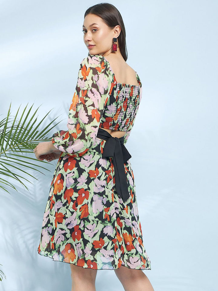 Antheaa Black Round Neck Floral Printed Chiffon Corset Fit & Flare Dress