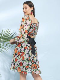 Antheaa Black Round Neck Floral Printed Chiffon Corset Fit & Flare Dress