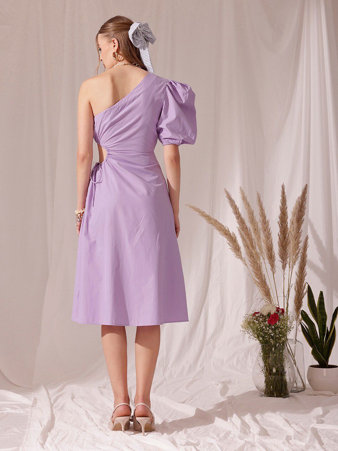 STREET 9 One Shoulder Short Puff Sleeves Fit & Flare Midi Dress