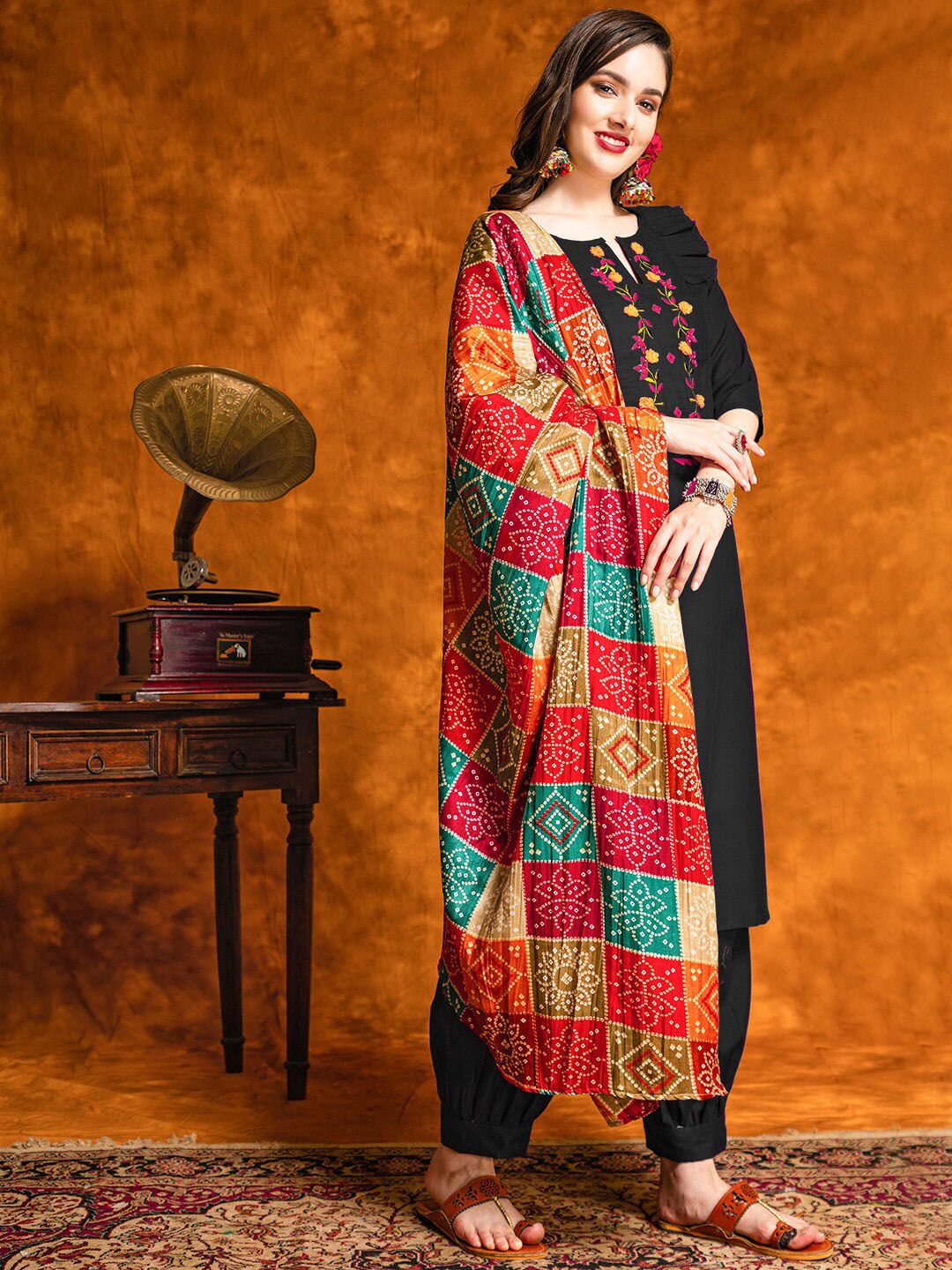 KALINI  Floral Embroidered Notched Neck Mirror Work Kurta with Salwar & With Dupatta