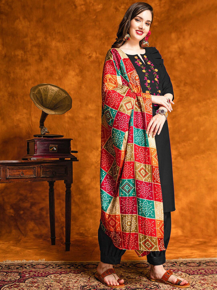 KALINI  Floral Embroidered Notched Neck Mirror Work Kurta with Salwar & With Dupatta