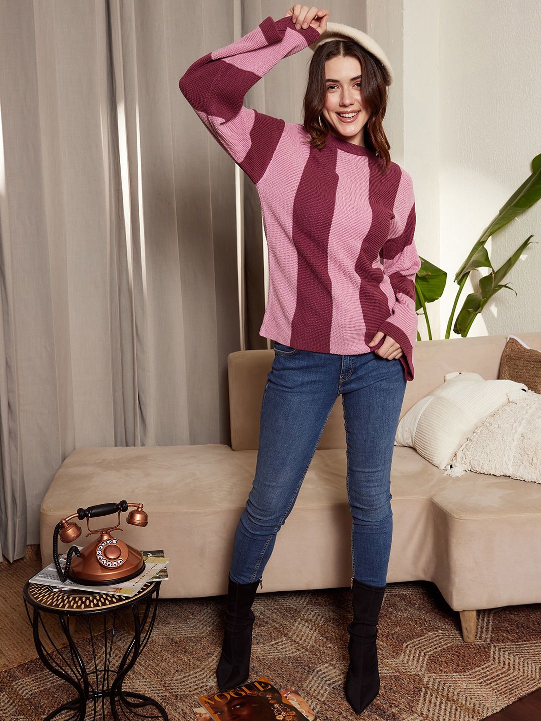 Berrylush Pink & Maroon Striped Acrylic Pullover Sweater