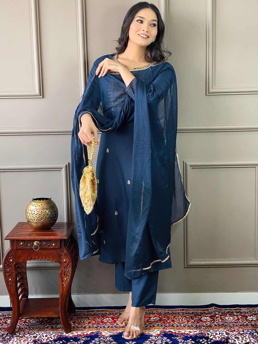 KALINI Floral Embroidered Regular Sequinned Kurta ,Trousers & Dupatta