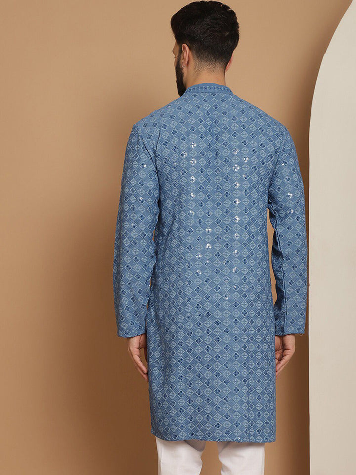Anouk Blue Ethnic Motifs Embroidered Sequinned Detailed Cotton Straight Kurta