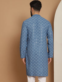 Anouk Blue Ethnic Motifs Embroidered Sequinned Detailed Cotton Straight Kurta
