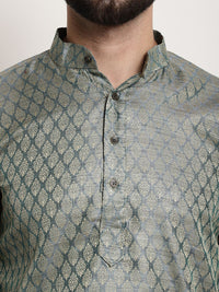 SOJANYA Men Teal Green & Beige Ethnic Motifs Jacquard Silk Kurta