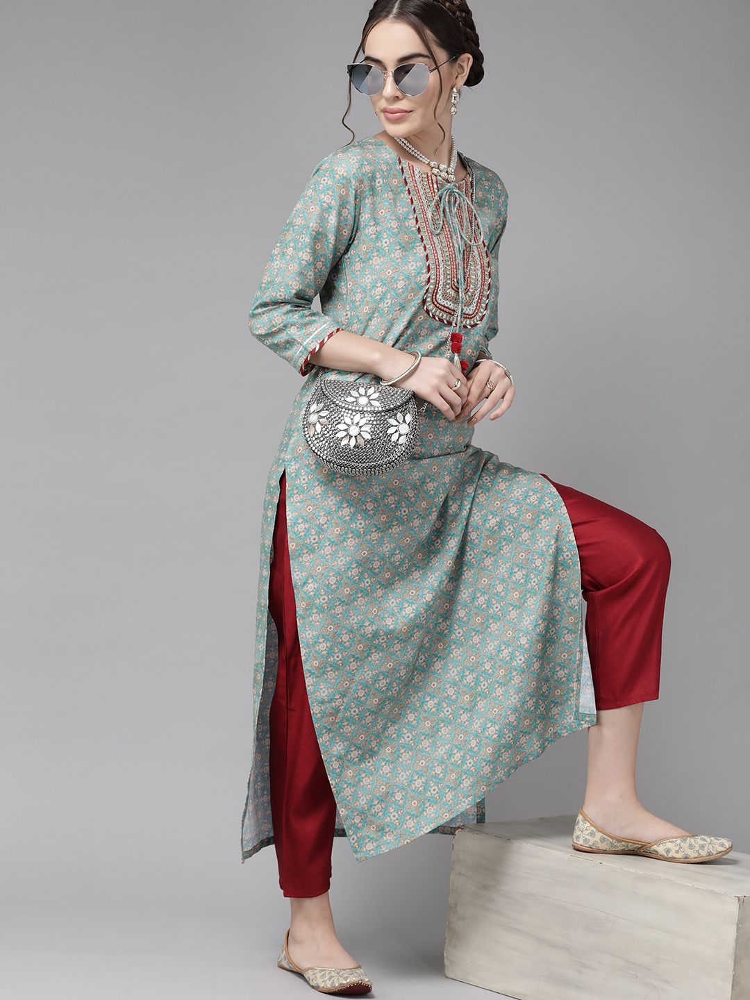 Varanga Teal Blue Ethnic Motif Yoke Embroidered Print Kurta
