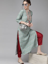 Varanga Teal Blue Ethnic Motif Yoke Embroidered Print Kurta
